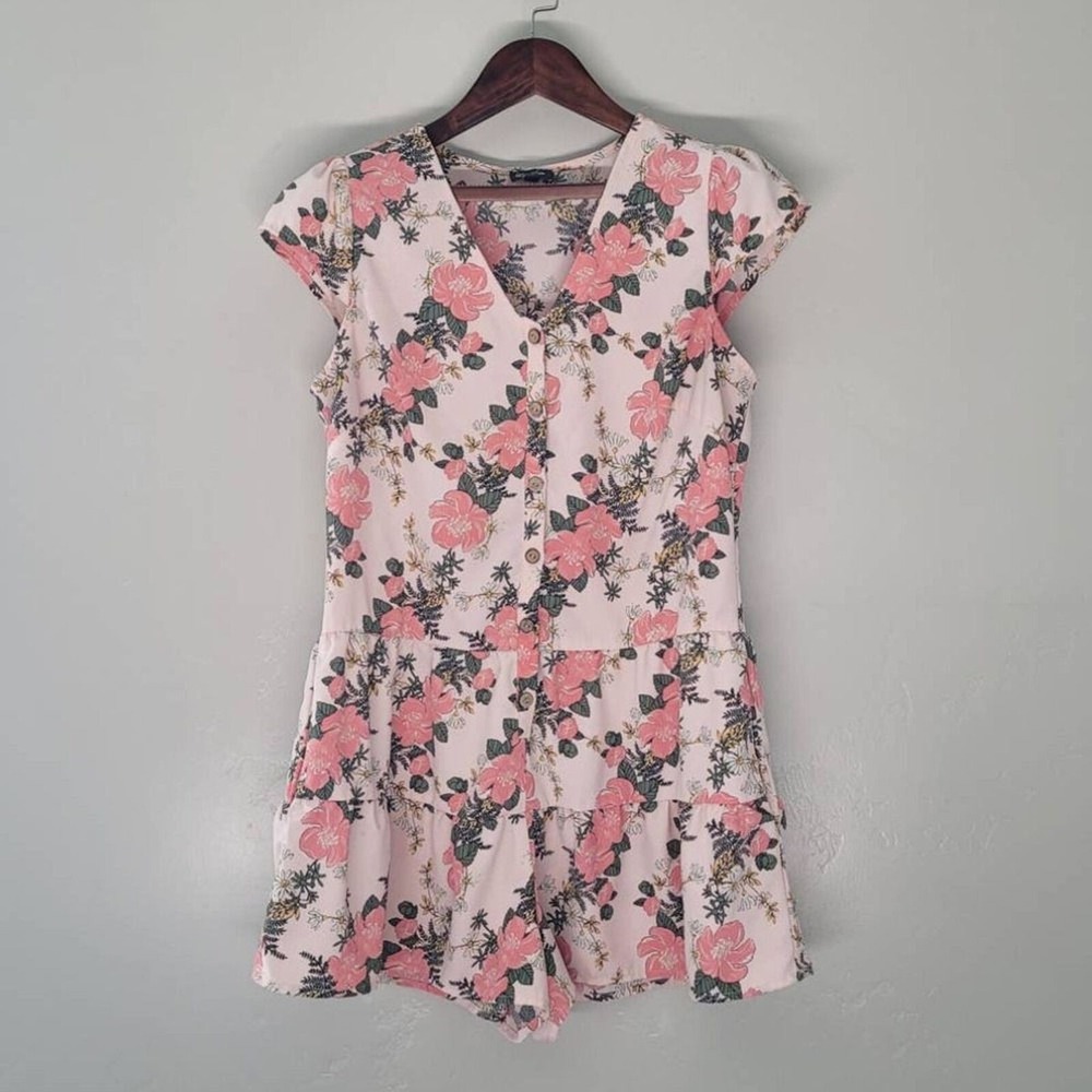 Lily Rose‎ Romper Juniors Medium Pink Floral V Neck Tiered Short Sleeve Feminine - Picture 2 of 9